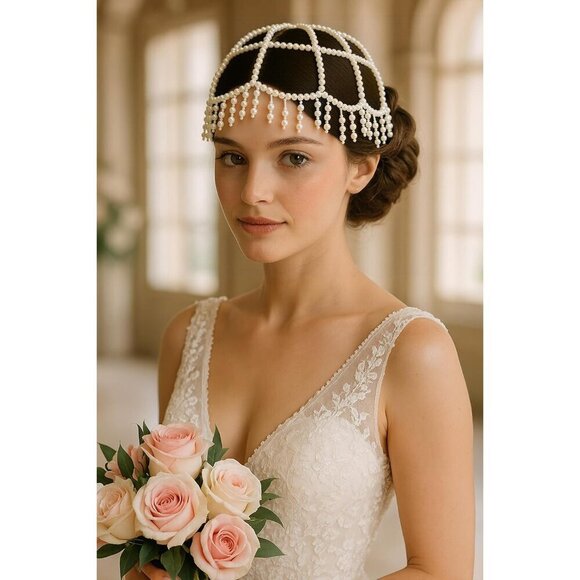 1920s Pearl Flapper Cap Headpiece Gatsby Wedding Costume Accessory main image 6